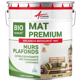 Peinture beige mate mur et plafond : ARCADÉCO BIOSOURCÉ BEIGE Beige - RAL 1001 - 2.5 L 30m²