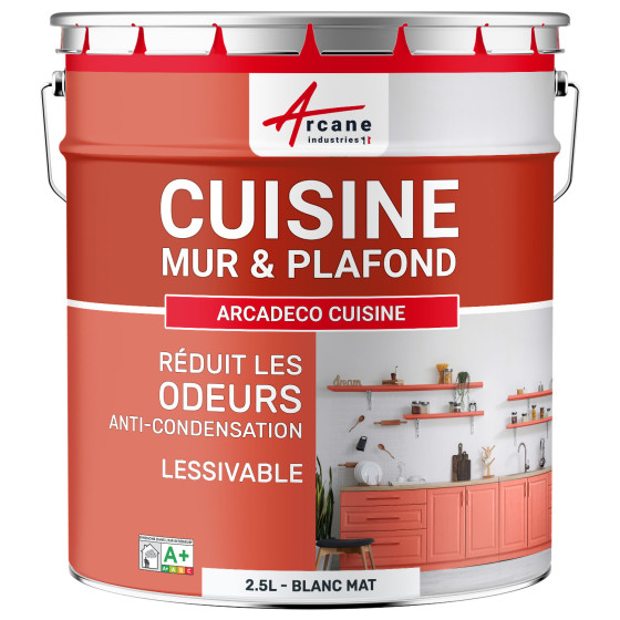 Peinture cuisine lavable. mur et plafond : ARCADÉCO CUISINE Blanc - 2.5 L